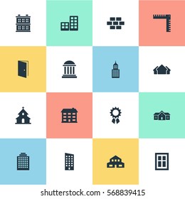 Set Of 16 Simple Architecture Icons. Can Be Found Such Elements As Gate, Flat, Residential And Other.