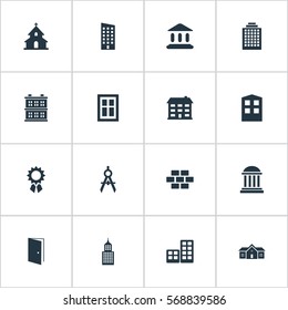 Set Of 16 Simple Architecture Icons. Can Be Found Such Elements As Block, Flat, Floor And Other. Set Of 16 Simple Architecture Icons. Can Be Found Such Elements As Block, Flat, Floor And Other.