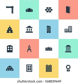 Set Of 16 Simple Architecture Icons. Can Be Found Such Elements As Residence, Popish, Academy And Other.