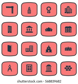 Set Of 16 Simple Architecture Icons. Can Be Found Such Elements As Glazing, Stone, Gate And Other.