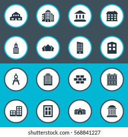 Set Of 16 Simple Architecture Icons. Can Be Found Such Elements As Floor, Engineer Tool, Stone And Other.