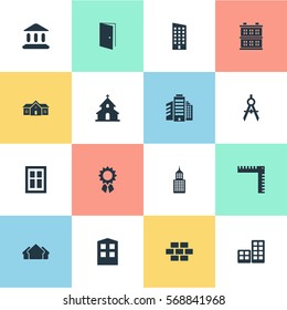 Set Of 16 Simple Architecture Icons. Can Be Found Such Elements As Structure, Residence, Flat And Other.