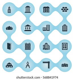 Set Of 16 Simple Architecture Icons. Can Be Found Such Elements As Block, Offices, Academy And Other.