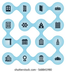 Set Of 16 Simple Architecture Icons. Can Be Found Such Elements As Superstructure, Stone, Shelter And Other.
