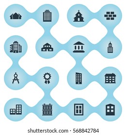 Set Of 16 Simple Architecture Icons. Can Be Found Such Elements As School, Booth, Floor And Other.