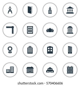 Set Of 16 Simple Architecture Icons. Can Be Found Such Elements As Shelter, Offices, Booth And Other.