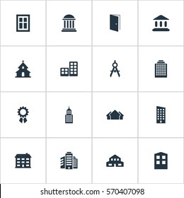 Set Of 16 Simple Architecture Icons. Can Be Found Such Elements As Popish, Engineer Tool, Gate And Other.
