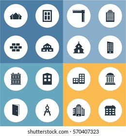 Set Of 16 Simple Architecture Icons. Can Be Found Such Elements As Stone, Block, School And Other.