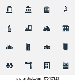 Set Of 16 Simple Architecture Icons. Can Be Found Such Elements As Engineer Tool, Residence, Residential And Other.