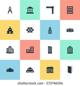 Set Of 16 Simple Architecture Icons. Can Be Found Such Elements As Gate, Length, Floor And Other.