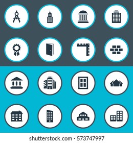 Set Of 16 Simple Architecture Icons. Can Be Found Such Elements As Flat, Residential, Length And Other.