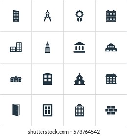 Set Of 16 Simple Architecture Icons. Can Be Found Such Elements As Residence, Booth, Engineer Tool And Other.