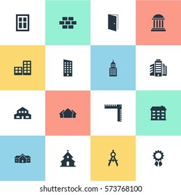 Set Of 16 Simple Architecture Icons. Can Be Found Such Elements As Reward, Engineer Tool, Glazing And Other.