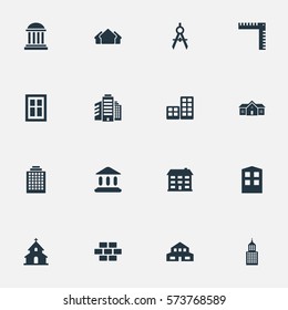 Set Of 16 Simple Architecture Icons. Can Be Found Such Elements As School, Length, Booth And Other.