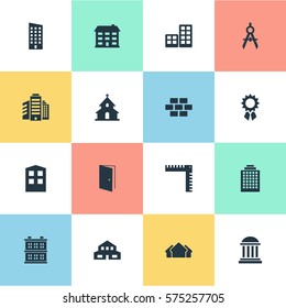 Set Of 16 Simple Architecture Icons. Can Be Found Such Elements As Floor, Engineer Tool, Length And Other.