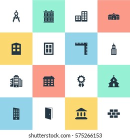 Set Of 16 Simple Architecture Icons. Can Be Found Such Elements As Reward, School, Floor And Other.