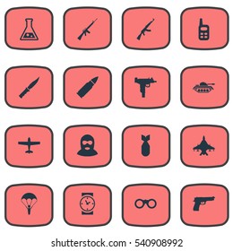 Set Of 16 Simple Army Icons. Can Be Found Such Elements As Ammunition, Heavy Weapon, Walkies And Other.