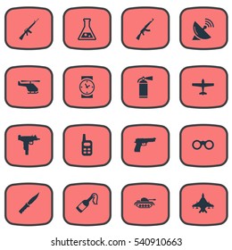 Set Of 16 Simple Army Icons. Can Be Found Such Elements As Walkies, Sky Force, Cold Weapon And Other.