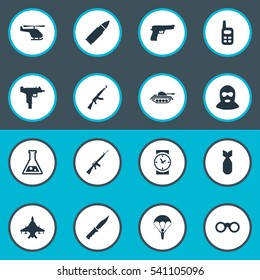 Set Of 16 Simple Army Icons. Can Be Found Such Elements As Watch, Firearm, Walkies And Other.