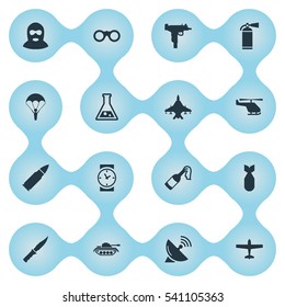 Set Of 16 Simple Army Icons. Can Be Found Such Elements As Heavy Weapon, Firearm, Ammunition And Other.