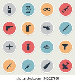 Set Of 16 Simple Army Icons. Can Be Found Such Elements As Extinguisher, Air Bomber, Helicopter And Other.
