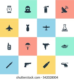 Set Of 16 Simple Army Icons. Can Be Found Such Elements As Paratrooper, Cold Weapon, Ammunition And Other.