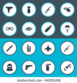Set Of 16 Simple Army Icons. Can Be Found Such Elements As Paratrooper, Heavy Weapon, Walkies And Other.