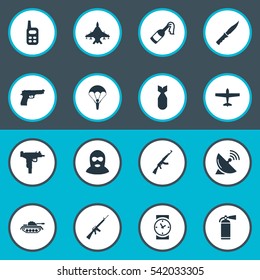 Set Of 16 Simple Army Icons. Can Be Found Such Elements As Cold Weapon, Pistol, Extinguisher And Other.
