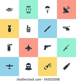 Set Of 16 Simple Army Icons. Can Be Found Such Elements As Nuke, Extinguisher, Terrorist And Other.