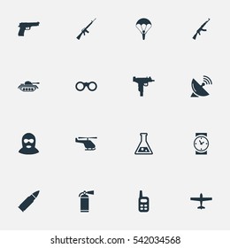 Set Of 16 Simple Army Icons. Can Be Found Such Elements As Terrorist, Chemistry, Watch And Other.