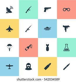 Set Of 16 Simple Army Icons. Can Be Found Such Elements As Air Bomber, Firearm, Field Glasses And Other.