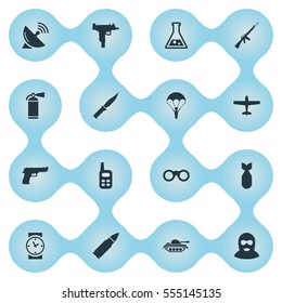 Set Of 16 Simple Army Icons. Can Be Found Such Elements As Extinguisher, Chemistry, Ammunition And Other.
