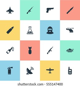 Set Of 16 Simple Army Icons. Can Be Found Such Elements As Kalashnikov, Molotov, Signal Receiver And Other.