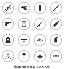 Set Of 16 Simple Army Icons. Can Be Found Such Elements As Sky Force, Paratrooper, Chemistry And Other.