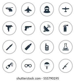 Set Of 16 Simple Army Icons. Can Be Found Such Elements As Chemistry, Signal Receiver, Walkies And Other.