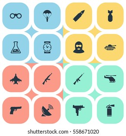 Set Of 16 Simple Army Icons. Can Be Found Such Elements As Kalashnikov, Terrorist, Watch And Other.