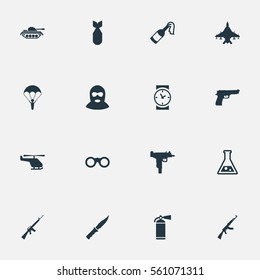 Set Of 16 Simple Army Icons. Can Be Found Such Elements As Extinguisher, Sky Force, Chemistry And Other.