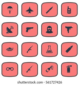 Set Of 16 Simple Army Icons. Can Be Found Such Elements As Paratrooper, Walkies, Heavy Weapon And Other.