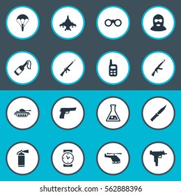 Set Of 16 Simple Army Icons. Can Be Found Such Elements As Heavy Weapon, Extinguisher, Molotov And Other.