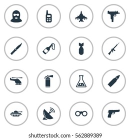 Set Of 16 Simple Army Icons. Can Be Found Such Elements As Helicopter, Pistol, Molotov And Other.
