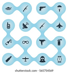 Set Of 16 Simple Army Icons. Can Be Found Such Elements As Field Glasses, Watch, Pistol And Other.