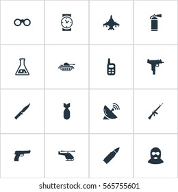 Set Of 16 Simple Army Icons. Can Be Found Such Elements As Firearm, Ammunition, Rifle Gun And Other.