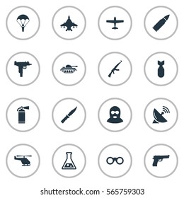 Set Of 16 Simple Army Icons. Can Be Found Such Elements As Ammunition, Sky Force, Air Bomber And Other.