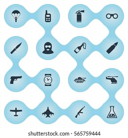 Set Of 16 Simple Army Icons. Can Be Found Such Elements As Terrorist, Cold Weapon, Watch And Other.