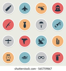 Set Of 16 Simple Army Icons. Can Be Found Such Elements As Helicopter, Sky Force, Extinguisher And Other.