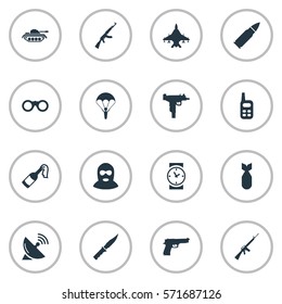 Set Of 16 Simple Army Icons. Can Be Found Such Elements As Sky Force, Field Glasses, Paratrooper And Other.