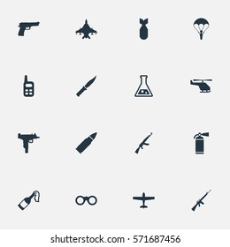 Set Of 16 Simple Army Icons. Can Be Found Such Elements As Chemistry, Field Glasses, Pistol And Other.