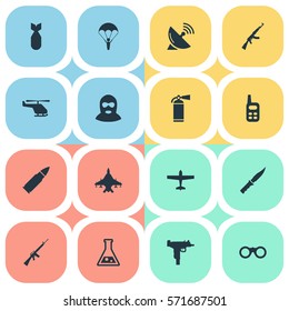 Set Of 16 Simple Army Icons. Can Be Found Such Elements As Sky Force, Extinguisher, Air Bomber And Other.