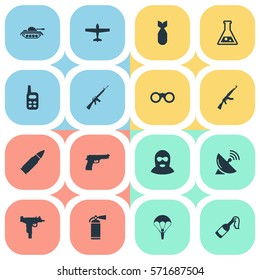 Set Of 16 Simple Army Icons. Can Be Found Such Elements As Ammunition, Signal Receiver, Chemistry And Other.