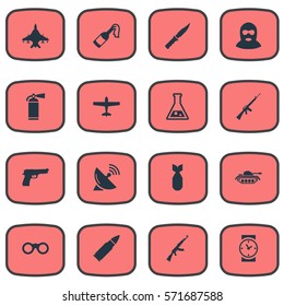 Set Of 16 Simple Army Icons. Can Be Found Such Elements As Kalashnikov, Rifle Gun, Sky Force And Other.
